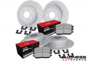 Alfa Romeo Stelvio Brake Kit - 2.0L - Front + Rear - R1 Concepts - Optimum OEp Brake Pads - GEO-Carbon Drilled + Slotted Rotors
